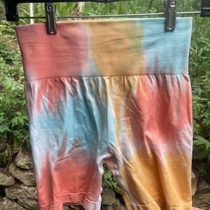 Athletic Blue and Orange Booty Lift Tie-Dye Shorts with High Waistband